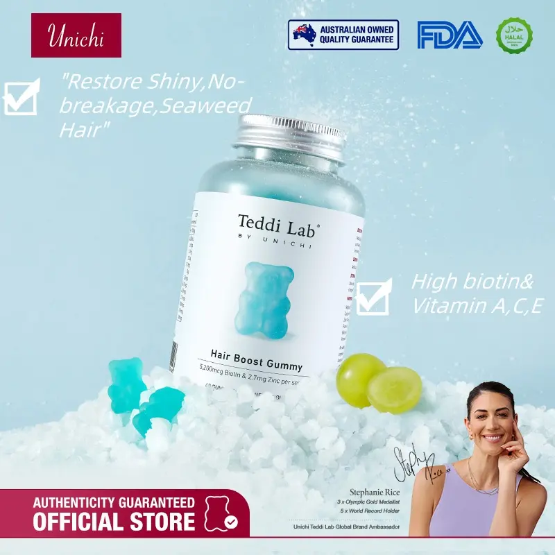 Unichi Blue Gummy for Hair Boost | Biotin & Zinc | Zero Sugar Low Fat | Vitamin A, C, E & Pantothenic Acid | 60 Count HALAL Bear Gummy Supplements