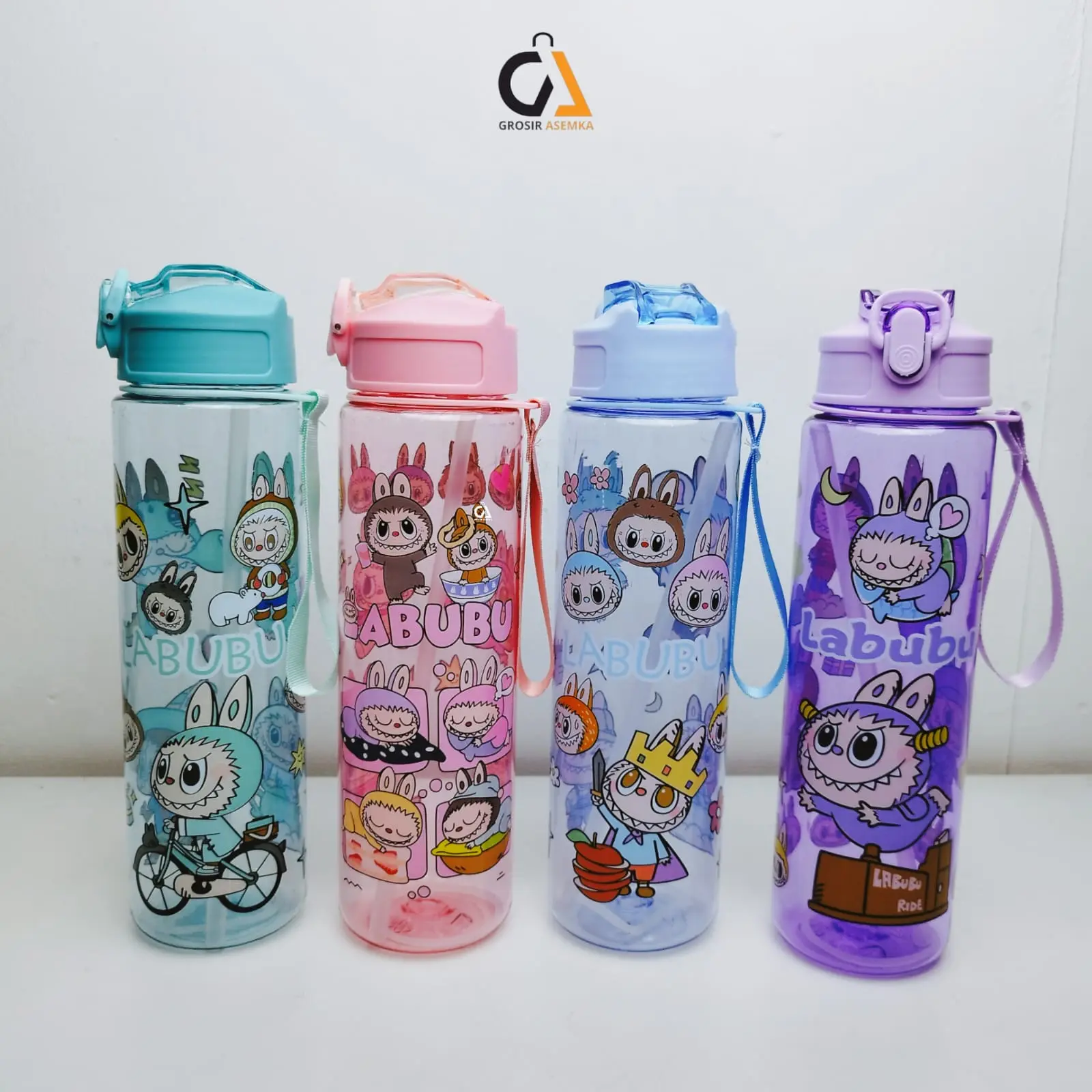 GROSIR Botol Minum Anak Sekolah Labubu Viral Kapasitas 900 ML BPA Free dengan Tali dan Sedotan Bottles Kitchenware Water