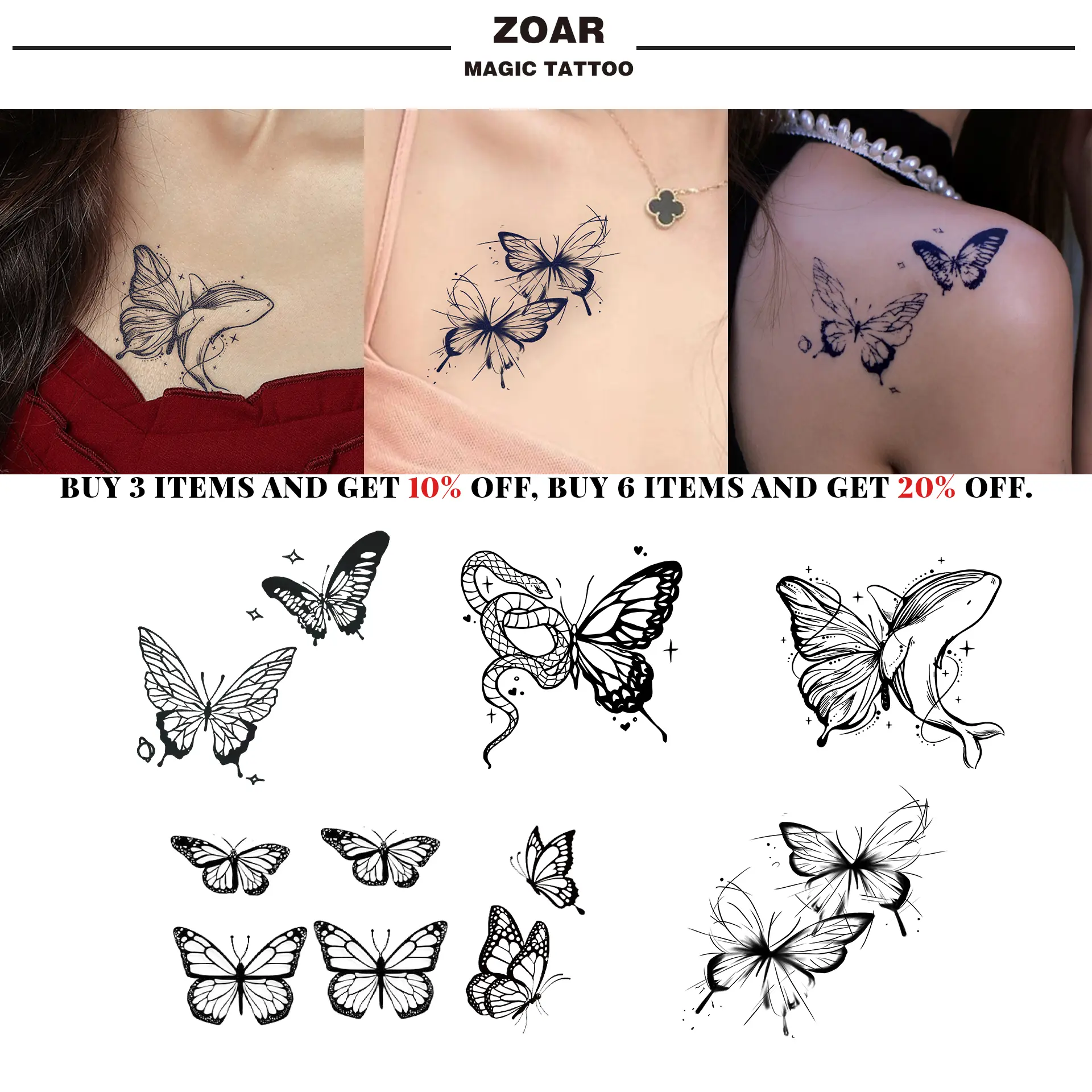 ZOAR-Y02 Stiker Tato Temporary Semi Permanen【Kombinasi kupu-kupu】Tahan lama Tattoo menempel dekorasi seni untuk pria dan wanita