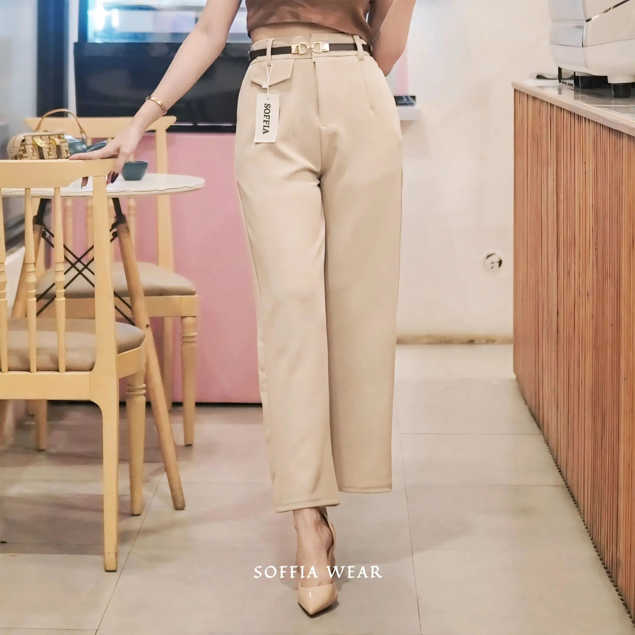SOFFIA - Celana Panjang Wanita Oro Pants Knit Model Hightwaist Korean Style Warna Ivory
