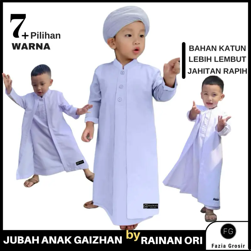Jubah Anak Laki Laki Gaizhan Umur 1-13 tahun by Rainan ORI Free Peci Koko Bahan Katun Nyaman Muslim Gamis Model inner outer Menyatu