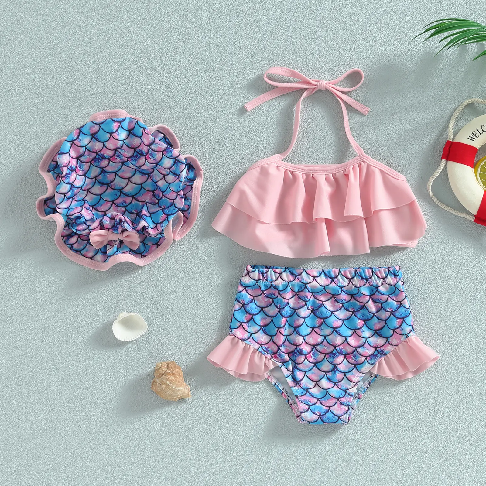 Kid Girl Bikini Swimsuit, Sleeveless Hanging Neck Vest Beach Pool Shorts Swimwear with Hat