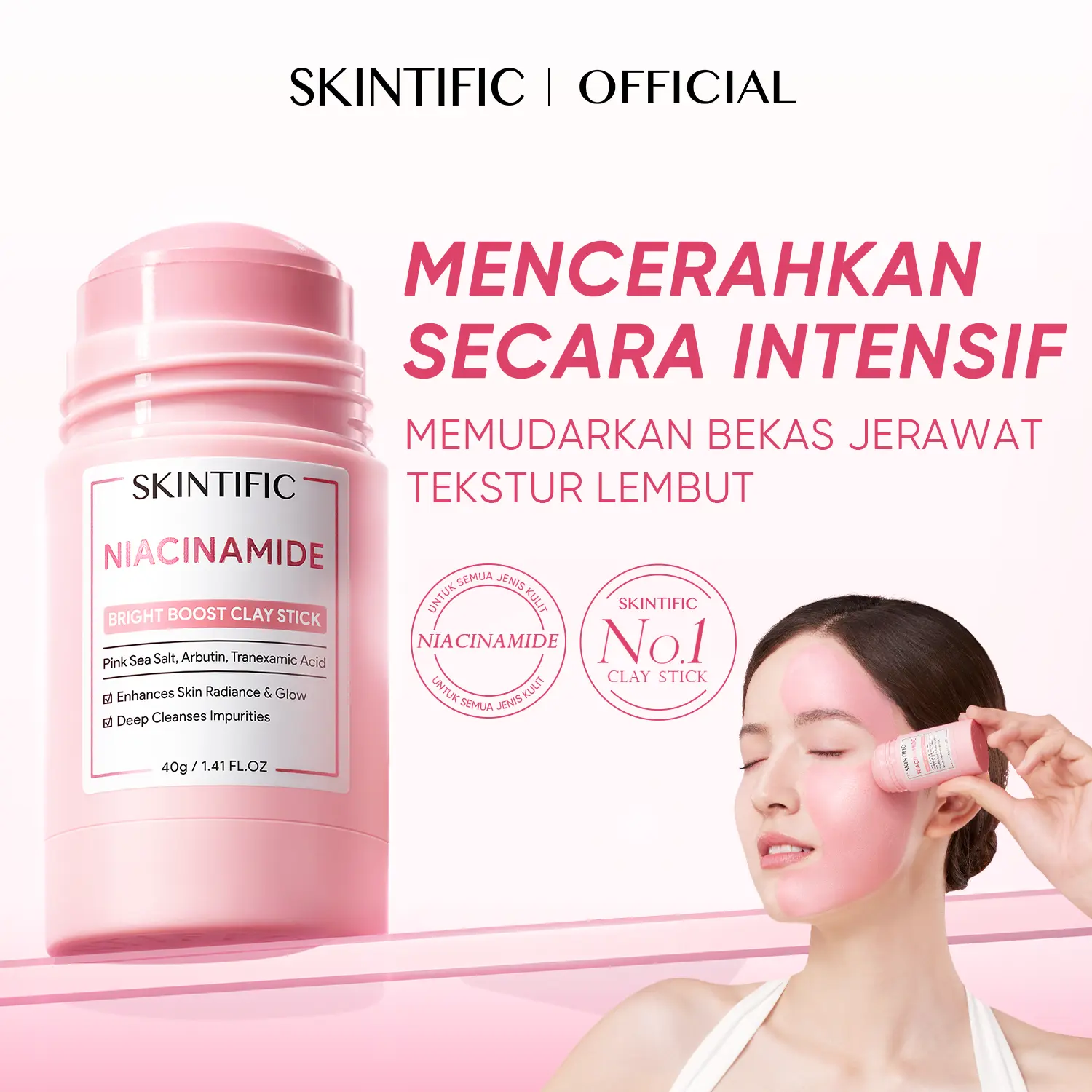 SKINTIFIC Niacinamide Bright Boost Clay Stick 40g | Brightening Glowing Masker Wajah Komedo Skincare BPOM Eksfoliasi Wajah Exfoliating Pengangkat Komedo Penghilang Jerawat BPOM Acne Mask with DSM High-Purity Niacinamide Arbutin Pink Sea Sa