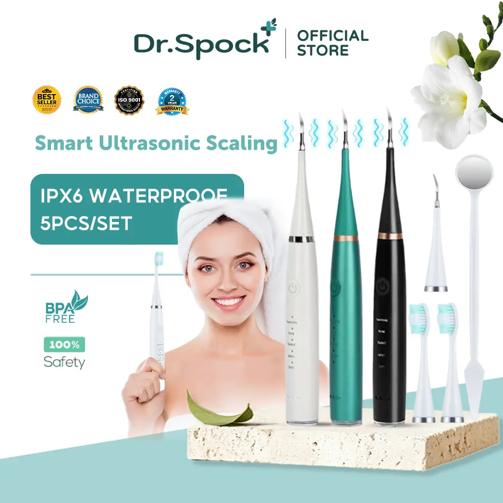 Dr.Spock Smart Ultrasonic Scaling Alat Pembersih Gigi Listrik Karang Gigi Penghilang dan Plak Gigi - Gusi Sikat Mulut 5PCS/1Set Electric Sonic Dental Scalerr Elektrik Getar