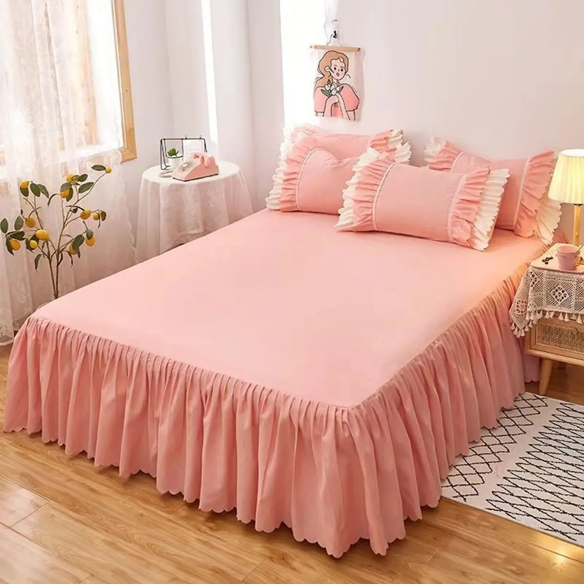 Korean version bed skirt single piece princess style bed cover type bed cover protective cover anti slip bed cover solid color bed sheet single piece