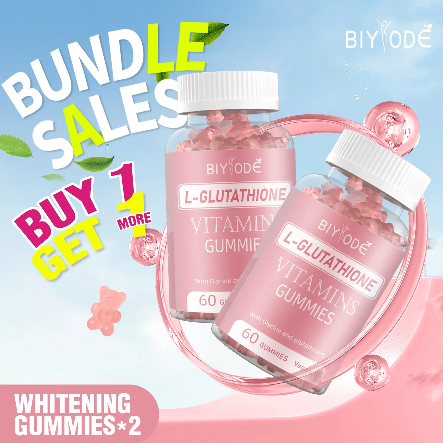 [Limited Buy One Get One More FreeShipping-24H]BIYODE  L-Glutathione Whitening Gummies  Anti-Aging Skin Brightening Biotin Vitamin Beauty Gummies  Whitening Supplement Skin Brightening Vegan Gluta 120 Gummies