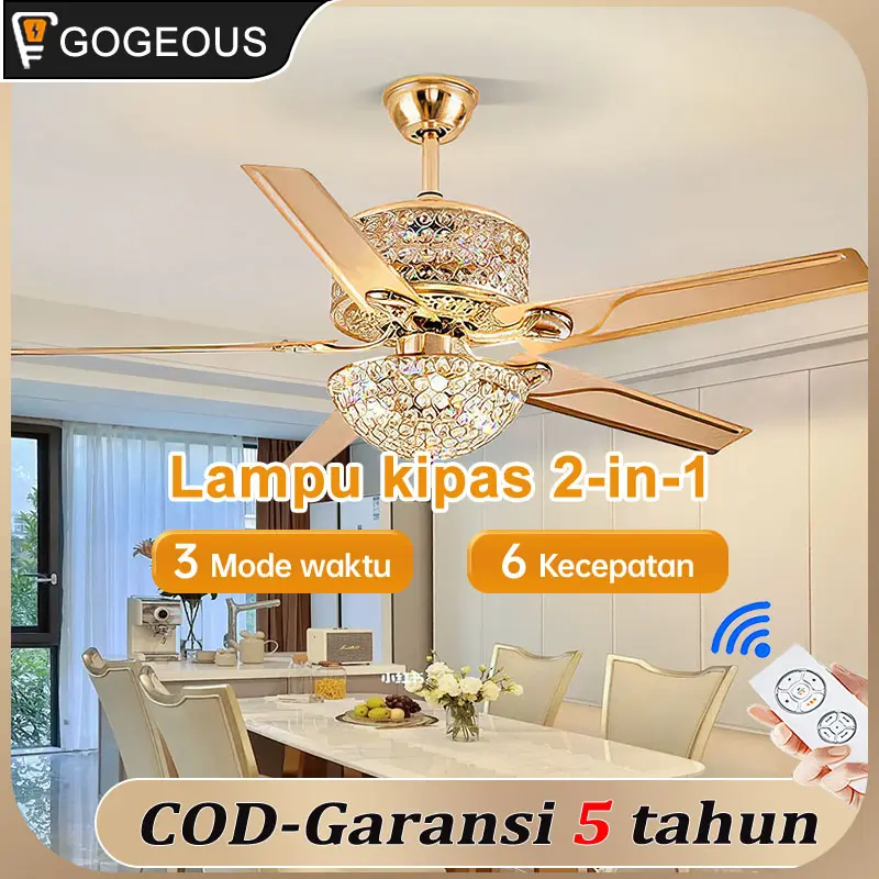【COD】Lampu kipas kendali jarak jauh 2-in-1 Gaya retro 42/52 inci Kipas Angin Plafon Dengan Lampu mewah 3 warna lampu kipas led Emas ruang tamu/balkon/meja makan remote