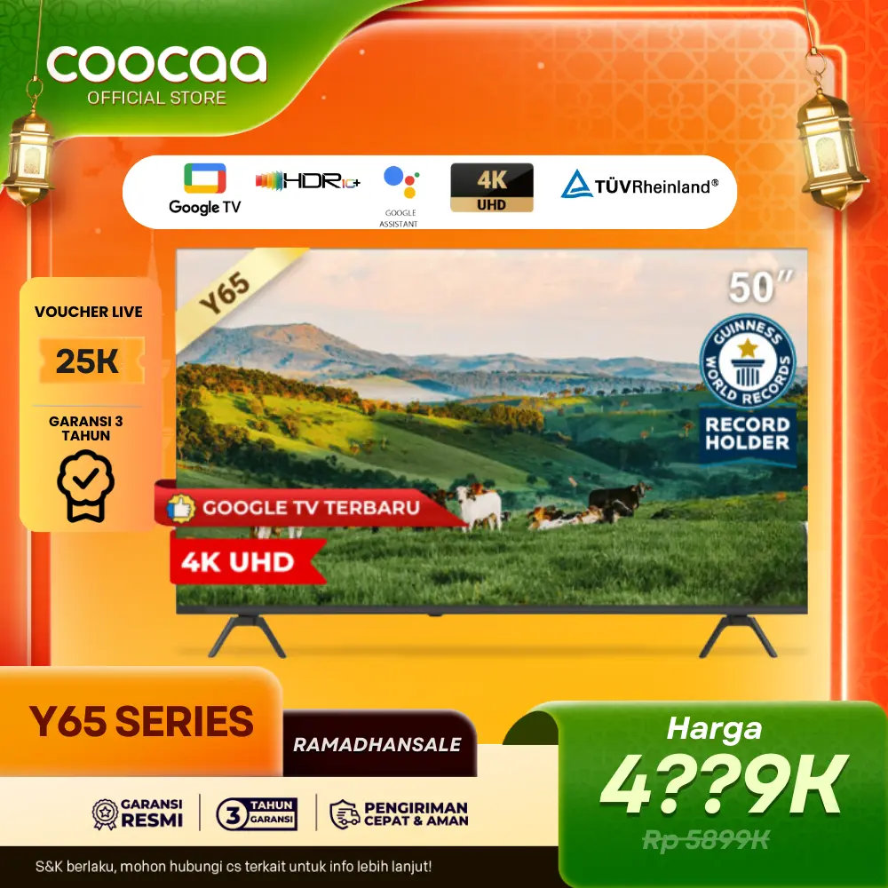 [APRIL SALE] COOCAA Y65 Layar TV 50 Inch 4K Google TV - Find my remote - Flicker Free - Low Blue Light - HDR 10 Chameleon Extreme 2.0 - Bluetooth 5.1 - Dolby Audio + DTS - TV Digital tanpa STB 50Y65