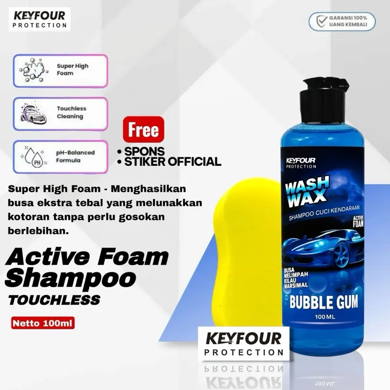 KEYFOUR Shampoo Wax Bubble Gum 100 ML Super High Foam Touchless Cleaning PH Balance untuk Motor Mobil Tahan 1-3 Bulan