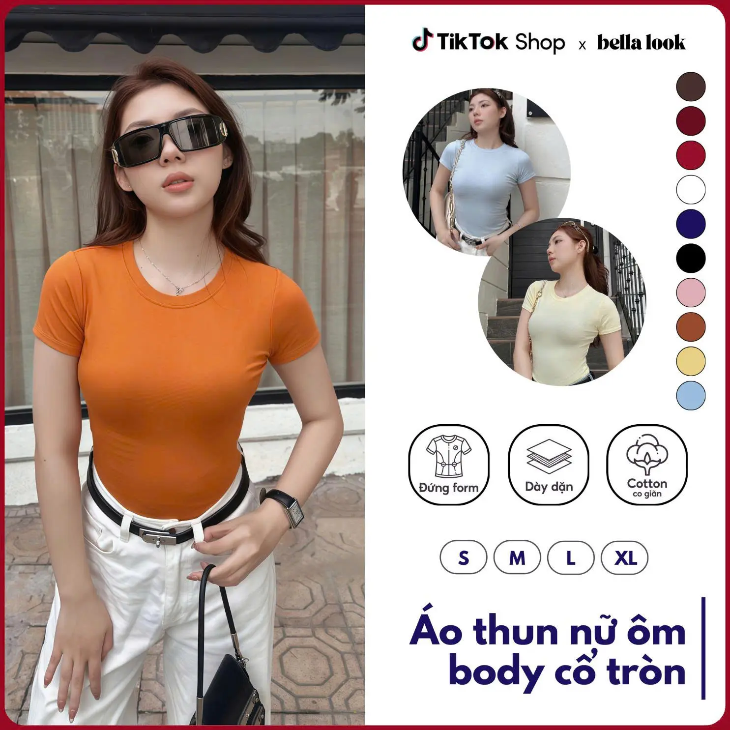(Màu Mới) Áo Thắt Eo Ôm Dáng Cổ tròn BellaLook Cotton Trơn Women S M L XL XXL-315