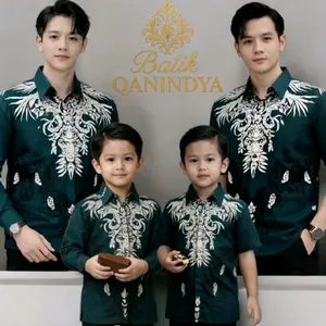 Baju batik seragam keluarga pria dewasa couple ayah dan anak kemeja lengan panjang dan hem lengan pendek warna hijau tua motif BIMASAKTI