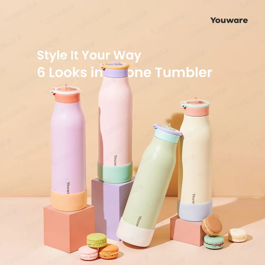 Youware- Zello Stainless Steel Tumbler 700 mL Tahan Panas Dingin Vacuum Cocok untuk Sport / Tumbler dengan Warna Blue, Pink, Putih dan Handle Nyaman Kapasitas Besar Outdoor Tumblr dengan Sedotan Silikon dan Minum Langsung