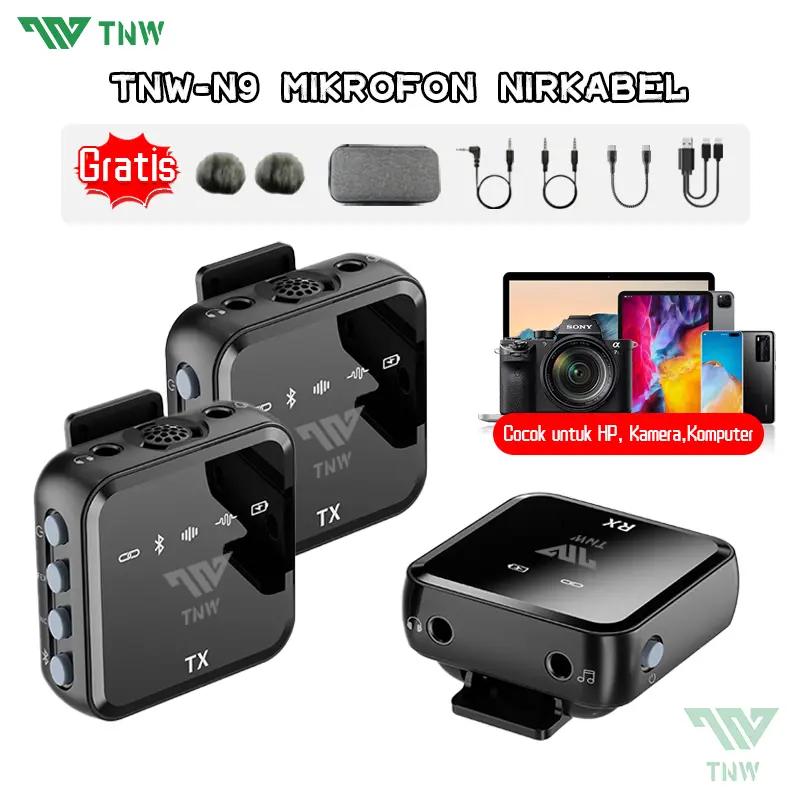 TNW N8/N9 Wireless Microphone Lavalier Mikrofon Clip on Mic  Lapel  Microphone untuk iPhone iPad Phone Camera PC Live Streaming Vlog Rekaman Video Wawancara
