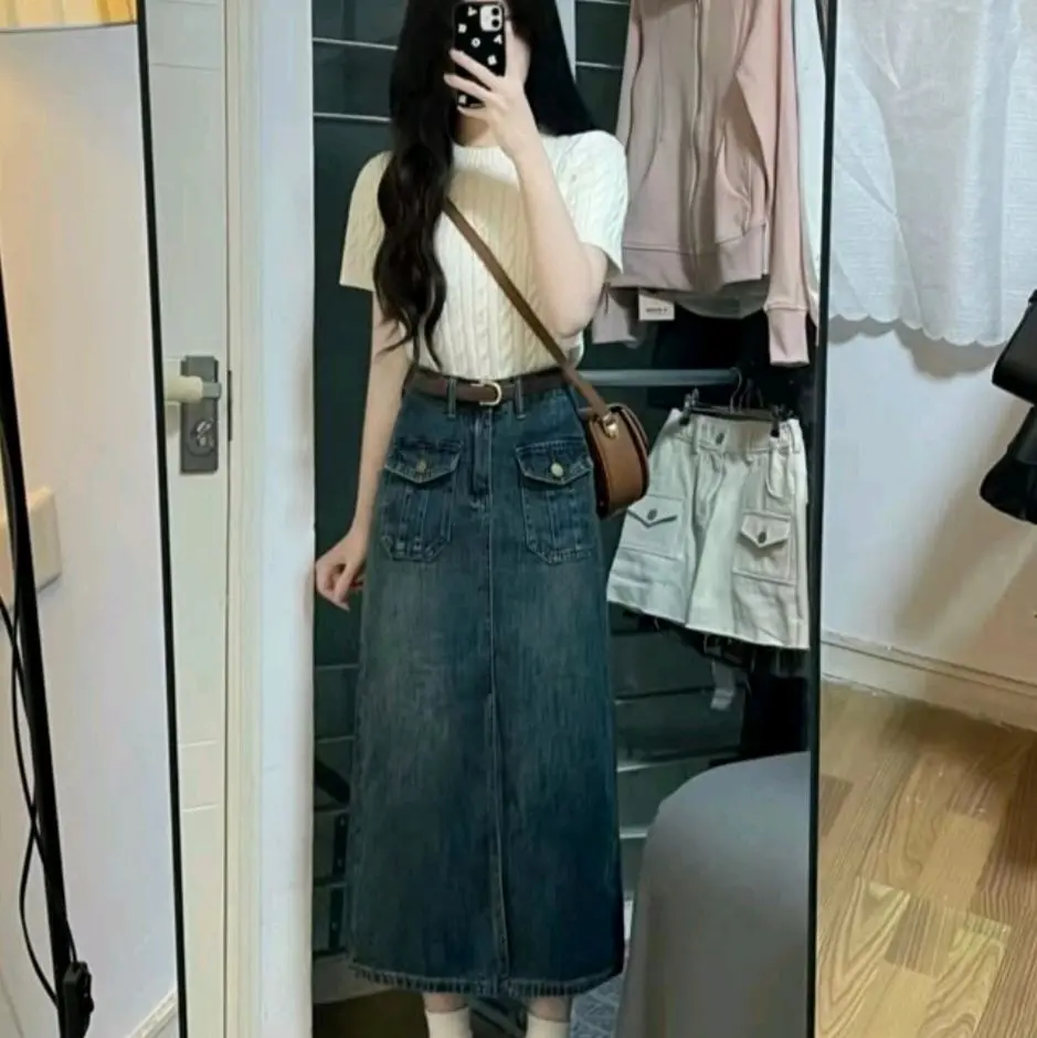 Rok midi jeans highwaist cargo saku depan