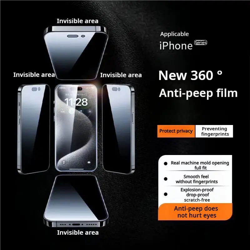 360°Privacy tempered glass iphone, Full screen coverage, Comprehensive protection of privacy, Kaca Pelindung, Anti-Privasi, Sesuai untuk Telefon 16Pro Max15, 14, 13, 12, 11