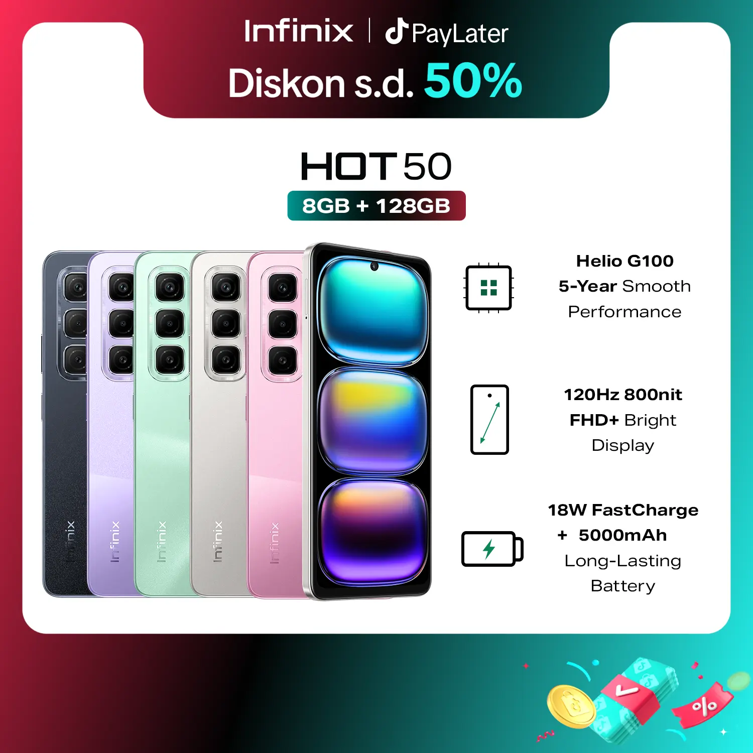 Infinix Hot 50 8/128GB - Up to 16GB Extended RAM - Helio G100 - 6.78 inch 120Hz FHD+ - 50MP - 5000 mAh - NFC