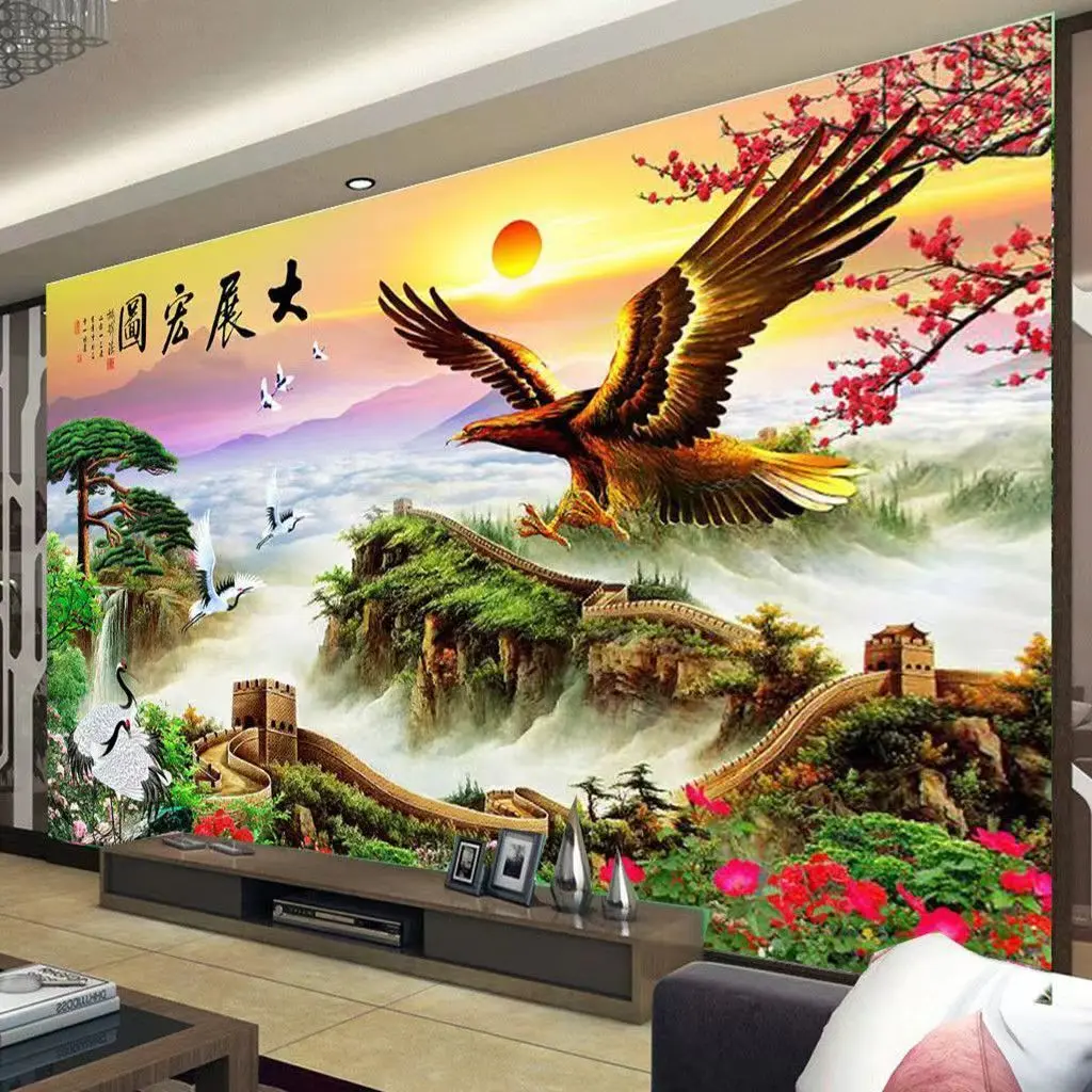 Mural 3D Motif Awan Keberuntungan Gaya Tionghoa, Kain Dinding Tanpa Sambungan Warna Emas, Tapestry Hiasan Dinding Sofa Ruang Tamu