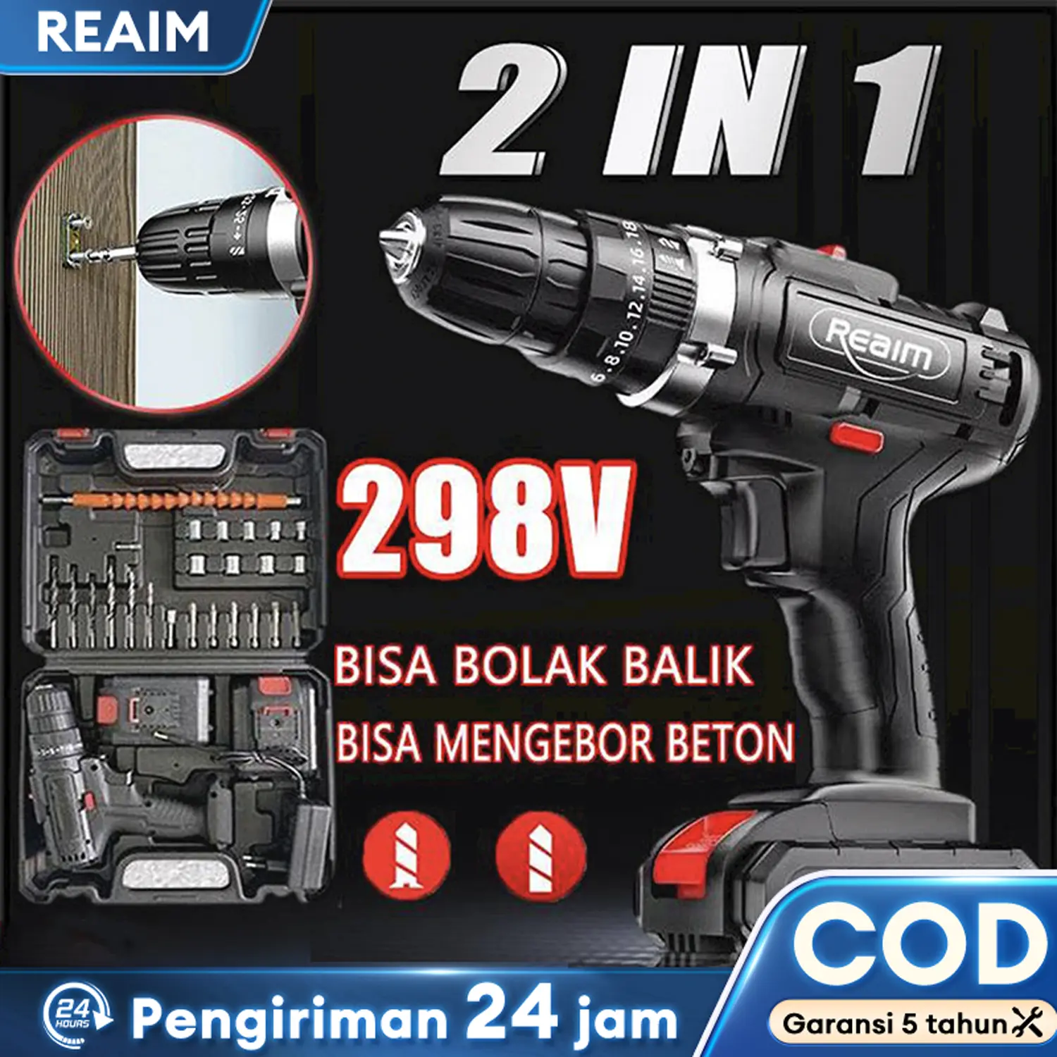 REAIM Mesin Bor Cordless Impact Drill / 298VF Bor Baterai / Bor Tanpa Kabel / Set Bor Listrik dengan Torsi, Alat Pengeboran Serbaguna untuk Pekerjaan Rumah dan Otomotif, Mudah Digunakan, Efisien, dan Portabel