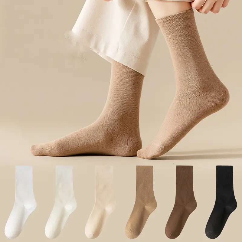 Spring Autumn White Cotton Sock Women's Korean Version Simple Leisure Middle Tube Socks Solid Color Sweat Absorb Sweat Soft Boneless Pile Up Socks For Women