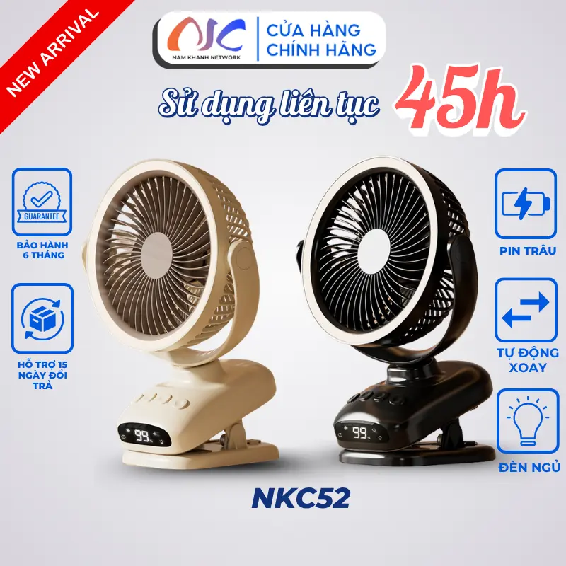 【 TỰ ĐỘNG XOAY 】Quạt Tích Điện, Quạt Kẹp, Quạt Để Bàn, 5 Chế Độ Gió, Công Suất 8W, Không Gây Tiếng Ồn, NKC52 [Bảo Hành 6 Tháng] | BigBuy360 - bigbuy360.vn