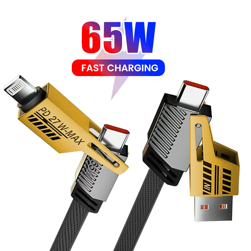 PD 65w/27w 4-in-1 metal case fast charging data cable, USB to Type-C, suitable for iPhone, Samsung, Huawei, Xiaomi, Redmi, Oppo Vivo POCO Smartphone Cellphone Electronic Mobile Charger
