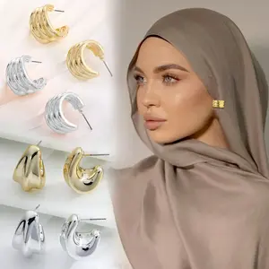Minzo Anting Hijab Setengah Bulat Perhiasan Earrings Perhiasan Sederhana Fashion Vintage Retro Wanita Korea