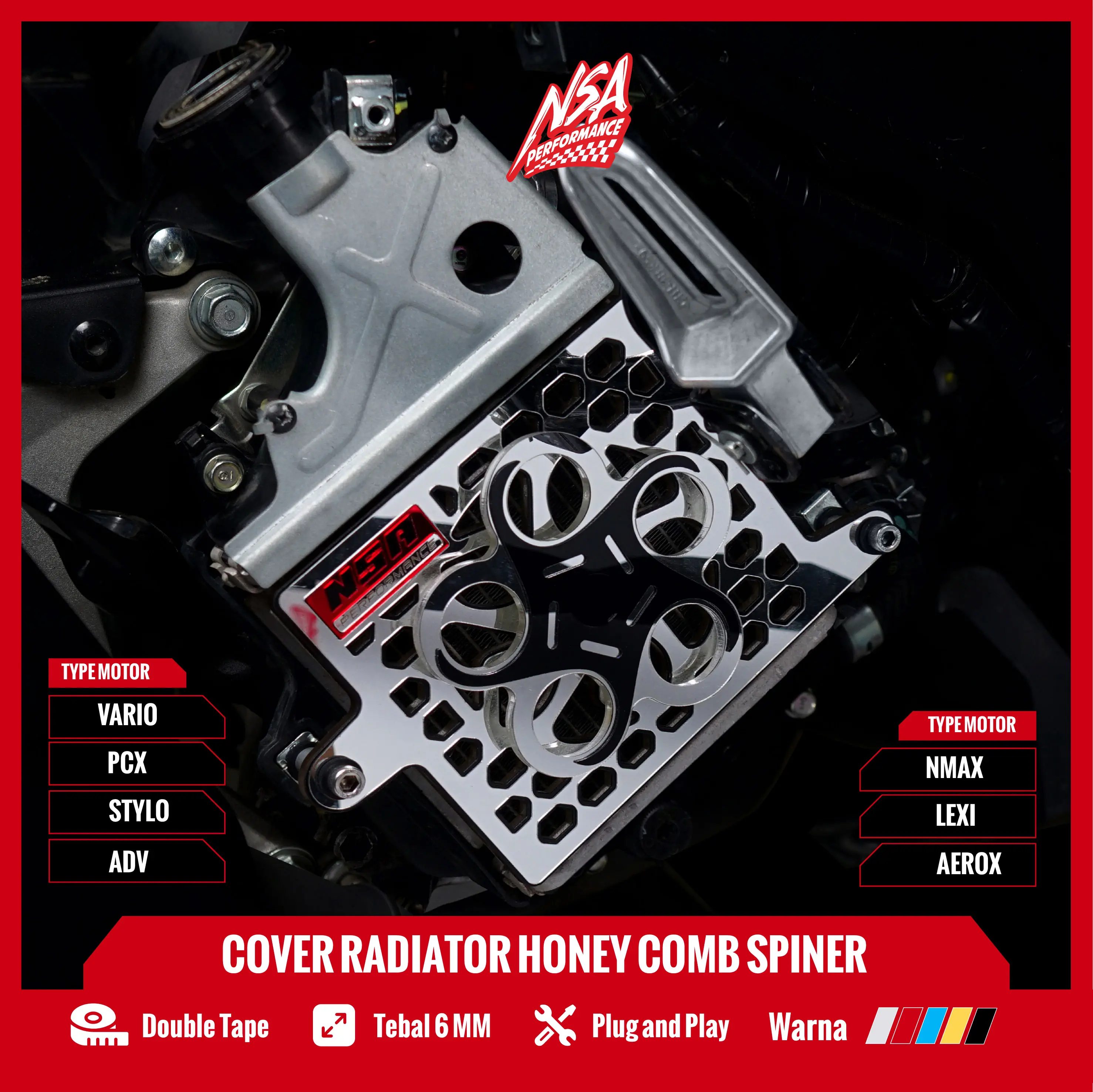 NSA COVER RADIATOR SPINER HONEY COMB VARIO PCX ADV NMAX AEROX LEXI STYLO Tutup Radiatror Yamaha Honda 125/150/160 SPINNER AKSESORIS MOTOR NSA Performance Gold Karet cover  radiator Akrilik Bulat
