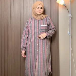 gaun midi dress kotak-kotak coco Casual Katun Wanita