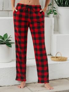 Pantalones largos casuales de cuadros para mujer con bolsillos, cordón ajustable y forro de vellón, cómodos de vellón polar para otoño e invierno, ropa de uso diario en casa
