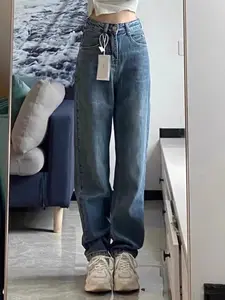 Celana jeans high waist wanita korean style Jeans baggy pants Serbaguna Kasual Biru Retro-baggy jeans