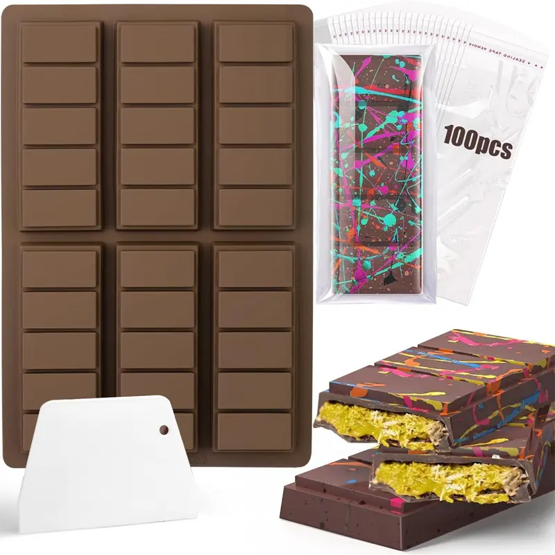 6 Cavities Chocolate Bar Mold Deep with Bags Scraper Thick Chocolate Bar Mold for Stuffed Bar Silicone Chocolate Mold for Filling Pistachio Chocolate Bar