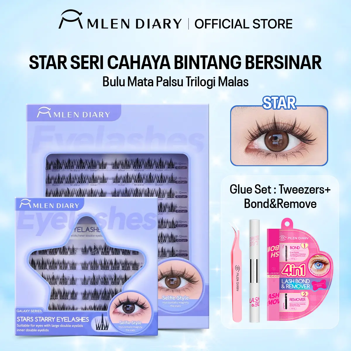 Mlen Diary Bulu Mata Star eyelash  Series- Matahari, Bulan, dan Bintang- DIY bulu mata palsu  C Curl 9-12mm terbaru dengan satu set lem eyelash extension yang sudah termasuk penghapus, makeup mata dan kosmetik