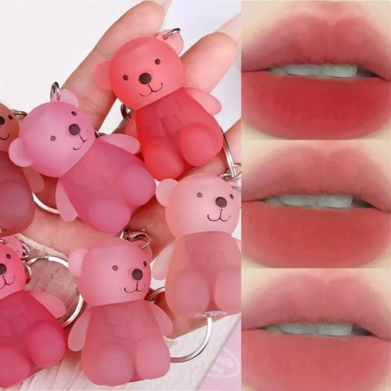 1Pc Bear Shape Lovely Keychain Lip Glaze Matte Silky Velvet Long Lasting Lipstick Waterproof Non-Stick Cup Lip Mud Lip Cosmetic