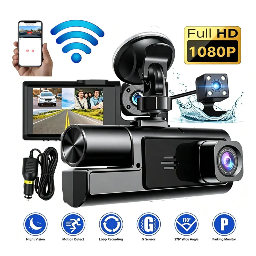 Honey7 Driving Recorder 3 Camera HD 1080p Three Lens with A Reversing Image with WiFi Car DVR A22