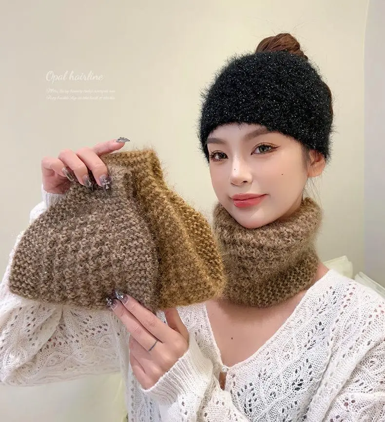 Postpartum Autumn and Winter Knitted Hat, Pineapple-Patterned Hollow Design, Warm, Covers Gray Hair, Dual-Use as a Scarf, Made of Knitted Material