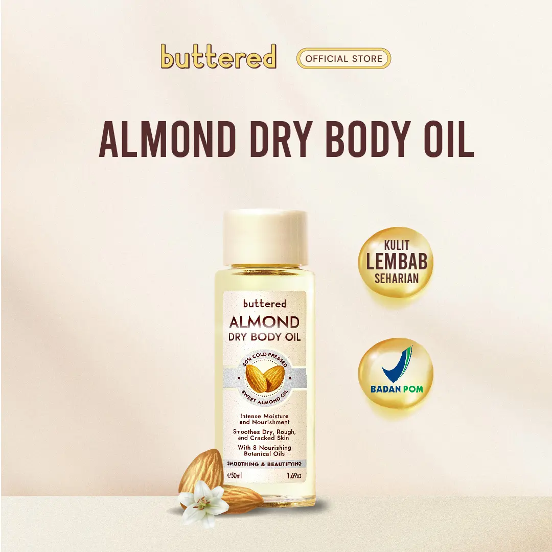 Buttered Almond Dry Body Oil 60% Cold Pressed Sweet Almond Oil Vitamin E dan Antioksidan Wangi Mewah Menyamarkan Stretch Mark dan Bekas Luka mencegah kulit Kering Mencerahkan dan Mengencangkan Kulit Perawatan Kulit