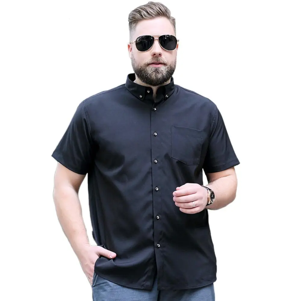 60-175KG Men Plus Size Casual Black White Professional Short Sleeve Gold Buttons Business Formal Shirts