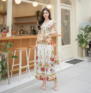 AF | One Set Mutya Matsilk Motif Tanpa Lengan Dan Celana Panjang Casual Simple Elegant Style Wanita