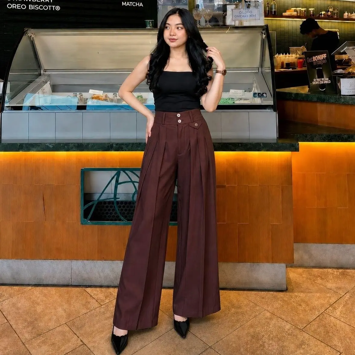 DS - Yolla Pants - Culote Highwaist Kancing Dua celana Panjang Wanita - Celana Fashion Muslim Wanita - Celana Casual trendy - Bahan Semi Woll Ferrari