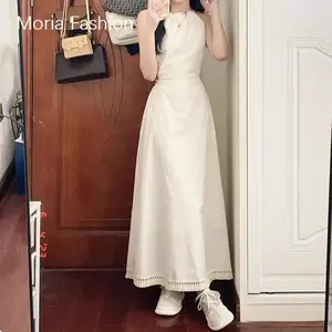 Moria QZ149 Dress Korean Style/Halter Leher Gantung/Pinggang Tipis/Gaya Liburan/Rok Panjang Rumbai Premium Sleeveless Dress Gaun Wanita Simple Bahan Katun Outfit Pantai Tanpa Lengan White Backless dress A line pantai sexy Dress korean vintage dress midi