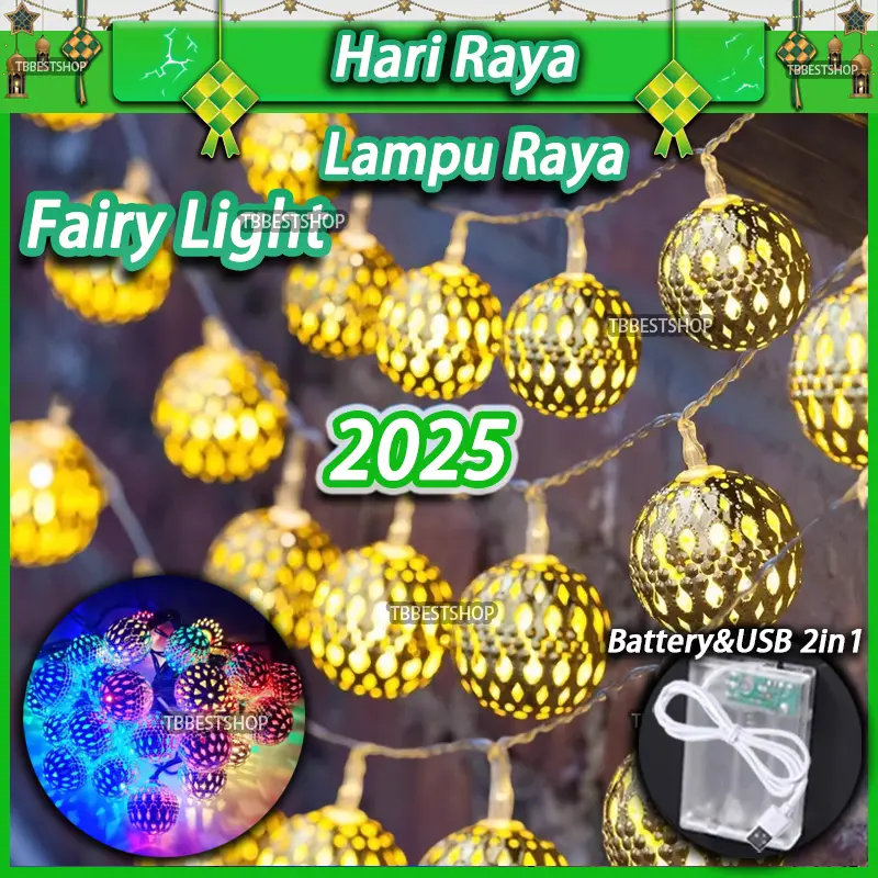 Hari Raya decoration 10M Moroccan 80LED Fairy Lights Battery&USB 2in1 Hari Raya 2025 Globe Garden Hanging Lamp Mid Ball LED light strip Lampu raya outdoor lighting