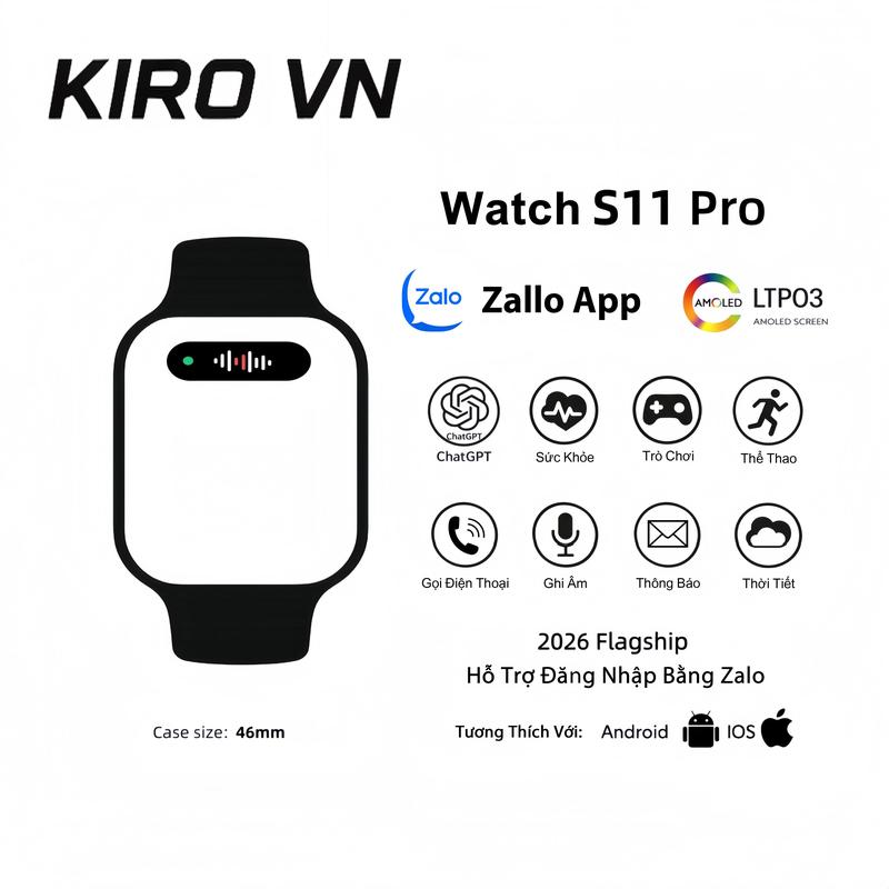 KIRO Đồng Hồ Thông Minh Bluetooth Nghe Gọi Thể Thao, Android iOS, Trả Lời Tin Nhắn Zalo, Đồng Bộ Tin Nhắn, Màn Hình Lớn HD, Thiết Kế Kim Loại, Dây Silicone Thay Đổi, Nhịp Tim, Huyết Áp, SpO2, Giấc Ngủ, Chu Kỳ, GPS, Bước Chân, Calo, NFC, AI,Mặt Đồng Hồ DIY