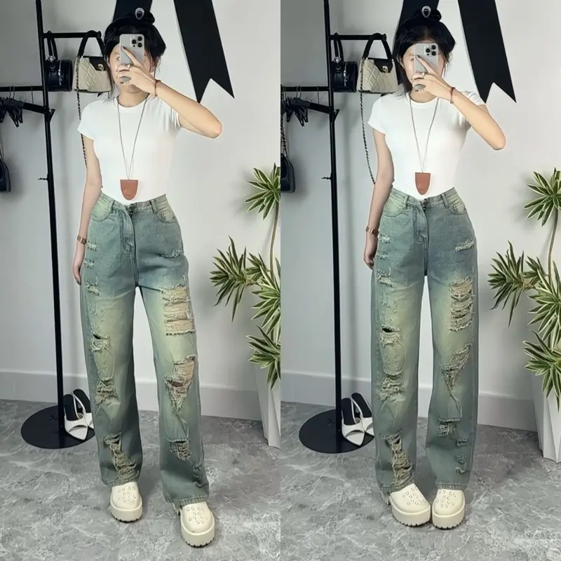 Quần Jean Nữ Ống Suông rách 2 mặt phong cách, Quần Bò Nữ Ông Rộng cạp cao tôn dáng SD053
