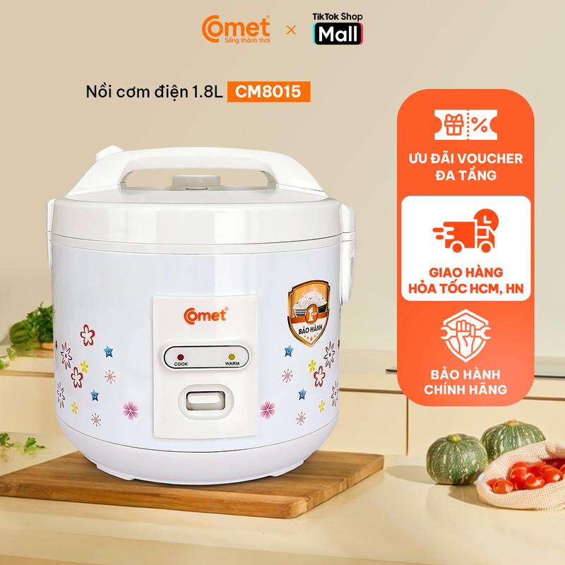 Nồi cơm điện 1.8L nắp gài COMET - Gia đình 4 đến 6 người, lòng nồi chống dính cao cấp, dễ vệ sinh, cơm chín đều thơm ngon, phù hợp cho gia đình - CM8015