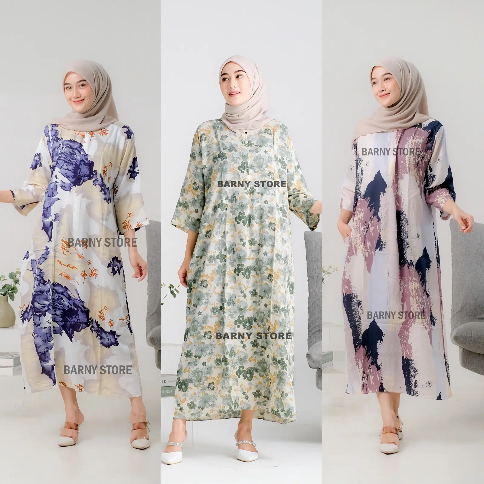 Daster Viral Kekinian Gamis Midi Dress Lengan 3/4 Rayon Motif Premium