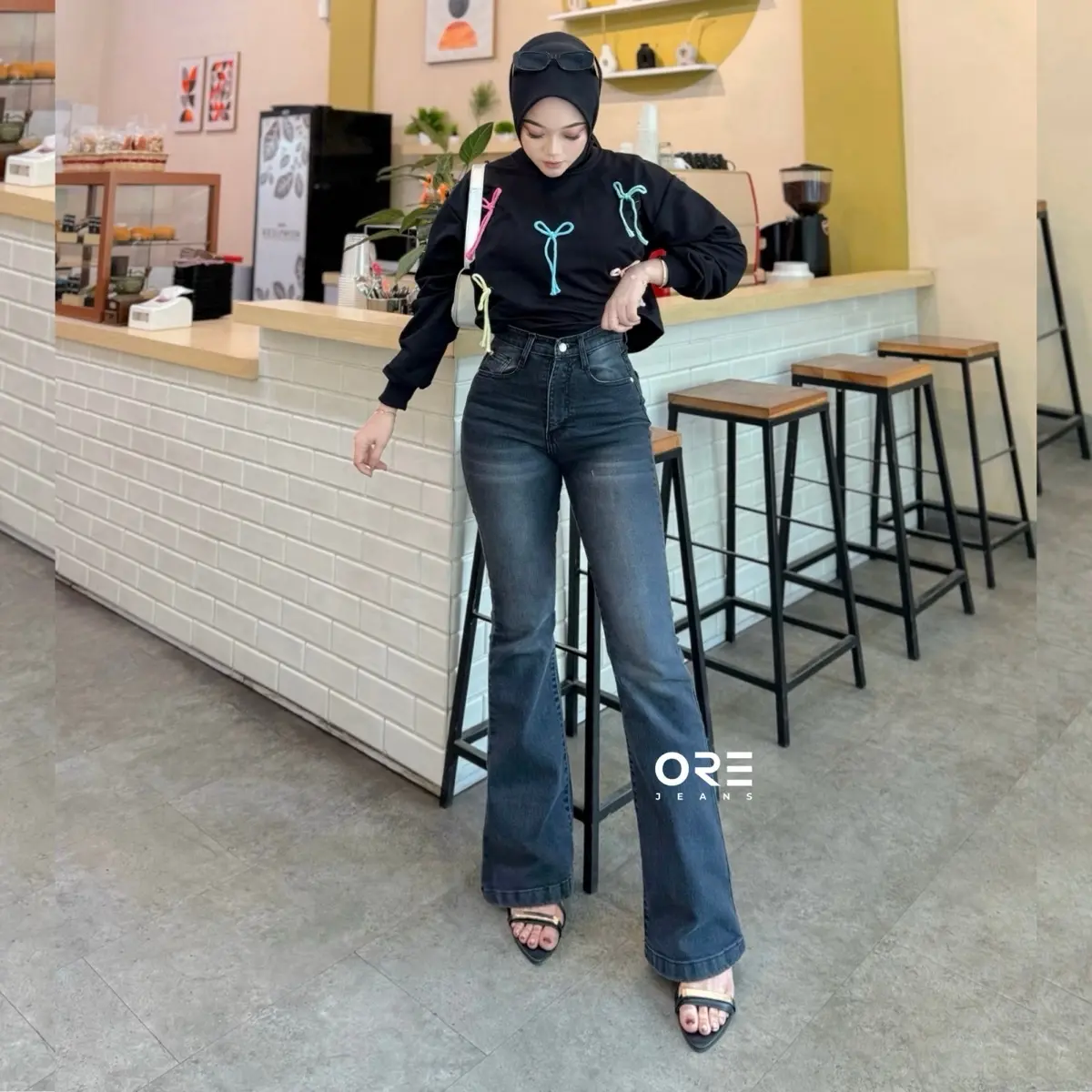 ORE - CZ 930 Size 27-34 - Highwaist Strecht Cutbray Jeans Vintage Black Washed Slim-fitting Celana Kaki