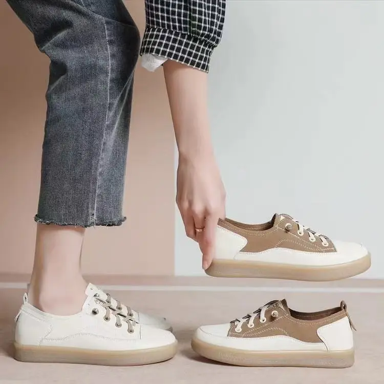 23688 Women's Genuine Leather White Sneakers - Spring 2025 New Style Slip-On Casual Shoes with Soft Rubber Sole & Upper, Comfortable Athletic Loafers