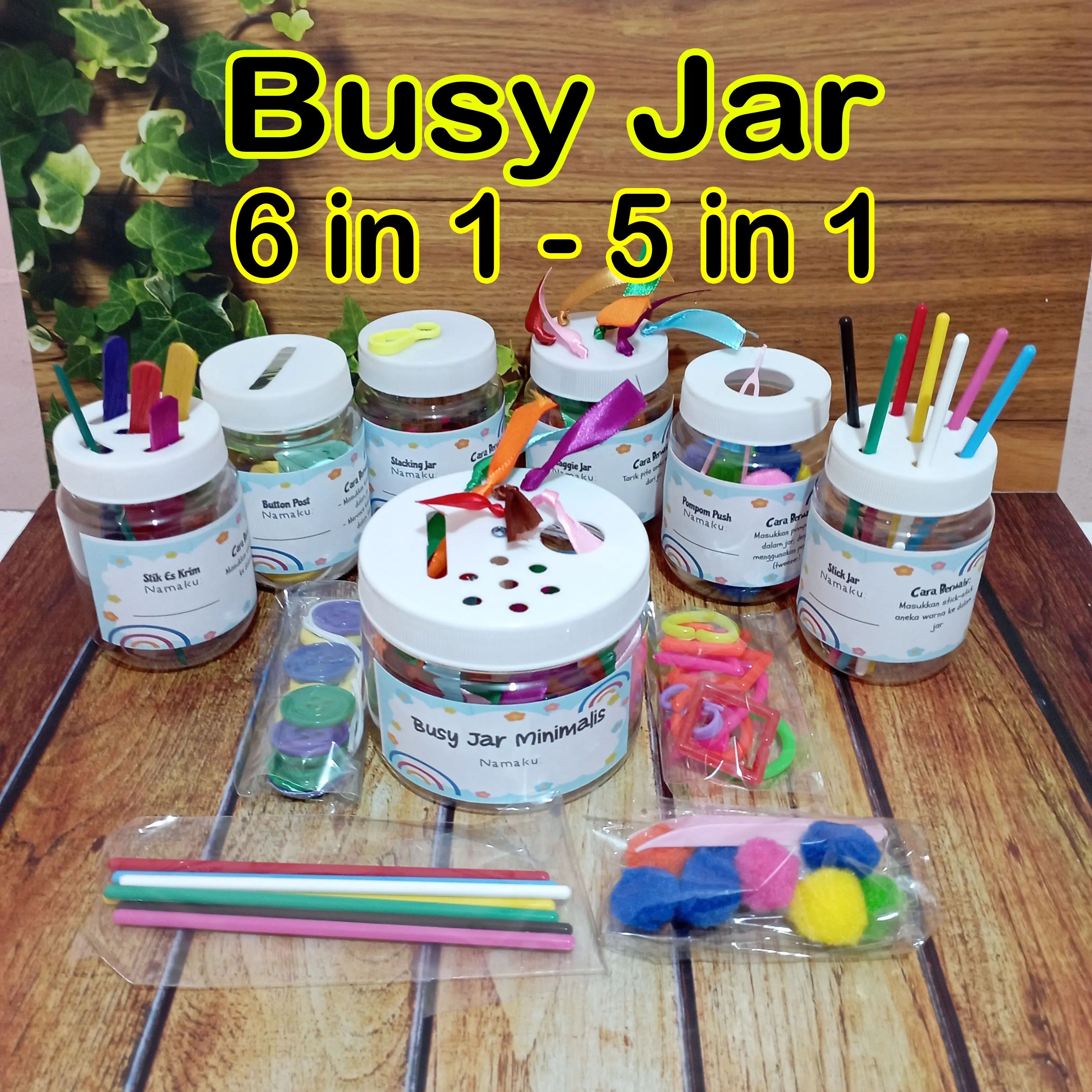 Busy Jar 5 in 1 & 6 in 1 Mainan Edukasi Anak Montessori Montesori Motorik Sensori Sensorik Play Sensory Toys Toy 5in1 6in1 Edukatif Motoric Bayi Balita Pompom Push Stick Stacking Taggie Ribbon Jar Button Post Untuk 1 2 3 4 5 Tahun Murah Toples Permainan