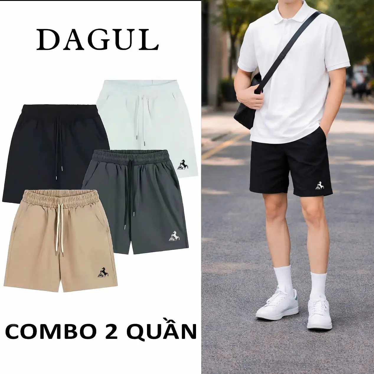 (M-56) DAGUL Combo 2 Quần Short Kaki Dù Nam Nữ Logo Thêu Hình Ngựa Tam Giác Chất Liệu Mềm Mại Thoáng Mát 001
