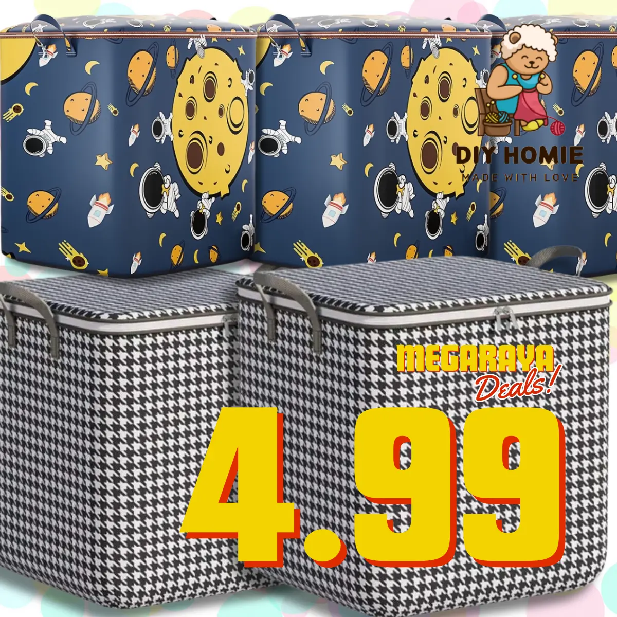[8.8 OFFERRRR] 100LFabric Storage Boxes with Lids Houndstooth Clothes Quilt Bins Container Organizers with Handle